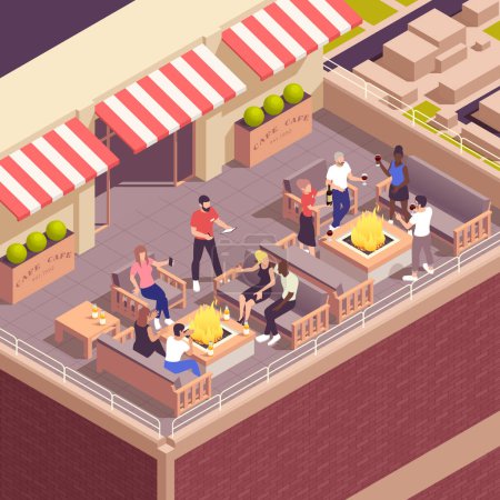 Ilustración de Street café concepto isométrico con restaurante en la azotea terraza vector ilustración - Imagen libre de derechos