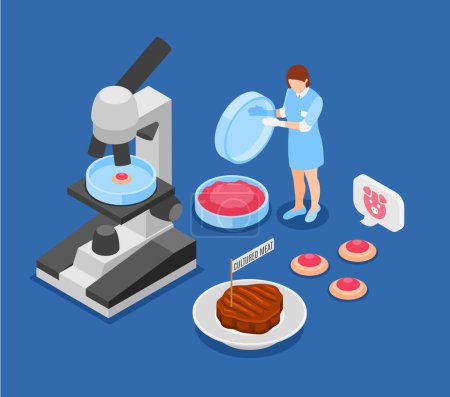 Fond bleu de viande artificiel cultivé avec un chercheur examinant le steak de boeuf fabriqué à partir de cellules animales illustration vectorielle isométrique