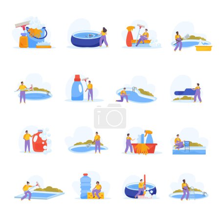 Ilustración de Conjunto de iconos planos de piscina con limpieza profesional ilustración vectorial aislada - Imagen libre de derechos