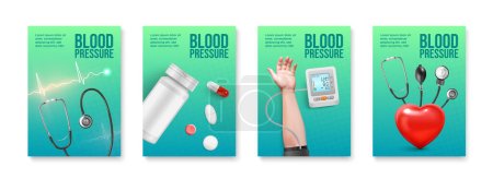 Téléchargez les illustrations : Modèle d'affiche réaliste de pression artérielle avec illustration vectorielle isolée de produits pharmaceutiques et de tonomètre - en licence libre de droit