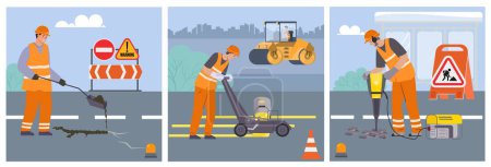 Ilustración de Reparación de carreteras ilustraciones cuadradas planas con los trabajadores que realizan obras de carretera utilizando equipo de mantenimiento ilustración vectorial - Imagen libre de derechos