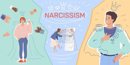 Téléchargez les illustrations : Narcissisme collage plat représentant des personnages vaniteux avec ego supérieur s'amusant illustration vectorielle - en licence libre de droit