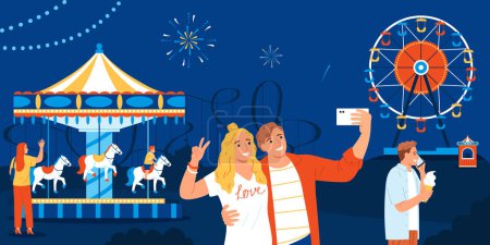 Illustration for Couple taking selfie in amusement park at night in background with ferris wheel and carousel flat vector illustration - Royalty Free Image