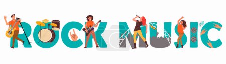 Illustration for Rock music flat text composition with people playing musical instruments singing and dancing on concert vector illustration - Royalty Free Image