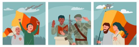 Illustration for Patriot country set in flat style with soldiers taking oath and civilian people with flags isolated vector illustration - Royalty Free Image