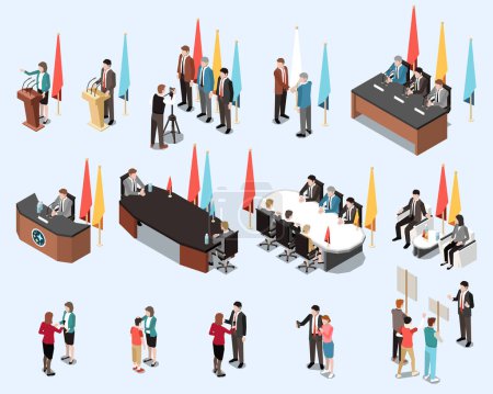 Illustration for Isometric set of male and female politicians during negotiations debates communicating with press and people isolated vector illustration - Royalty Free Image
