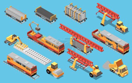 Illustration for Isometric set of machinery and materials for railroad building and track laying isolated on blue background vector illustration - Royalty Free Image