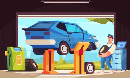 Illustration for Happy auto service mechanic changing tyres in garage flat vector illustration - Royalty Free Image