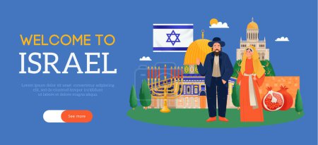 Téléchargez les illustrations : Bienvenue à la bannière horizontale israélienne dans un style plat avec deux personnes juives repères menorah grenade drapeau vectoriel illustration - en licence libre de droit