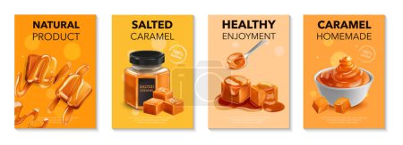 Caramel realistic ad posters set representing natural healthy homemade product isolated vector illustration