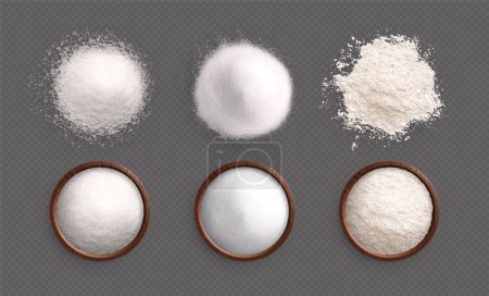 Illustration for Salt sugar flour set of isolated white powder piles dishes top view images on transparent background vector illustration - Royalty Free Image