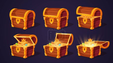 Illustration for Pirate treasures set of cartoon open and closed wooden chests full of gold coins and jewels isolated on dark background vector illustration - Royalty Free Image