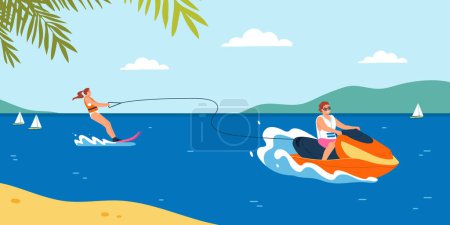 Ilustración de Gente feliz haciendo deporte acuático durante las vacaciones de verano ilustración vector plano - Imagen libre de derechos