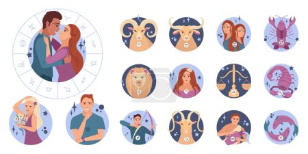 Téléchargez les illustrations : Horoscope ensemble plat d'icônes avec signes du zodiaque et étreinte couple isolé vectoriel illustration - en licence libre de droit