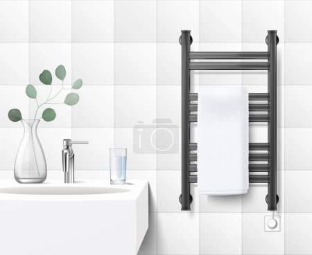 Bathroom realistic interior with modern electric black heated rail with white towel next to sink vector illustration