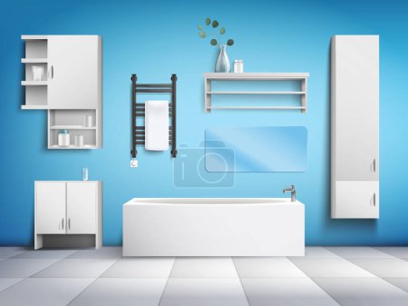 Ilustración de Interior del cuarto de baño con muebles modernos bañera blanca eléctrica calentada toalla carril horizontal espejo en azul pared realista vector ilustración - Imagen libre de derechos