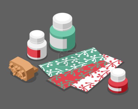 Illustration for Fabric printing technologies isometric background with jars of paint and pieces of cloth with colored patterns vector illustration - Royalty Free Image
