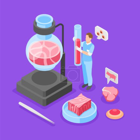 Artificial grown meat violet background with scientist analyzing test tube with cultured red raw meat isometric vector illustration