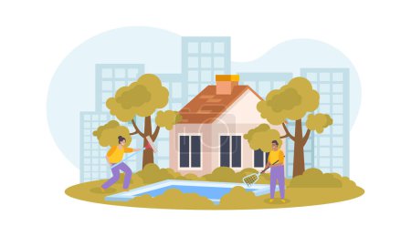 Ilustración de Servicio de limpieza de composición plana con personas limpieza patio trasero piscina vector ilustración - Imagen libre de derechos
