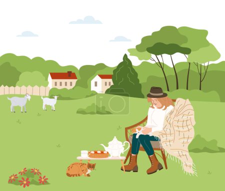 Ilustración de Campo y pueblo de fondo con el ganado y los símbolos de la pradera plana vector ilustración - Imagen libre de derechos