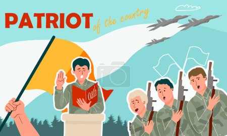 Illustration for Patriot of country flat collage with soldiers taking oath on color background with flying military aircraft vector illustration - Royalty Free Image