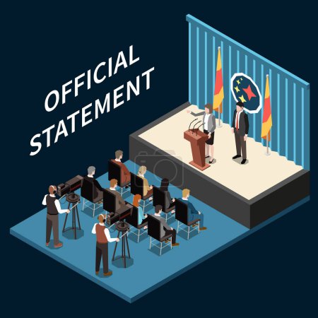 Illustration for Male and female politicians during official statement on stage in front of audience and reporters isometric vector illustration - Royalty Free Image