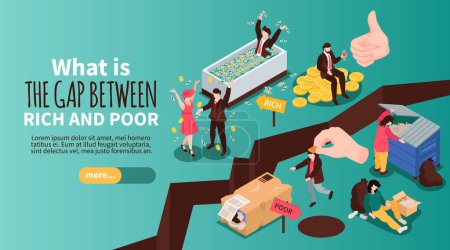Illustration for Isometric gap between rich and poor horizontal banner with economic inequality icons editable text and button vector illustration - Royalty Free Image