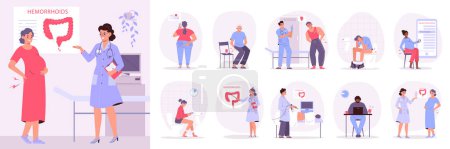 Illustration for Hemorrhoid disease flat composition set with human characters of patients and doctors isolated vector illustration - Royalty Free Image