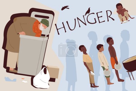 Ilustración de El hambre y la crisis alimentaria collage con símbolos de pobreza vector plano ilustración - Imagen libre de derechos