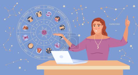 Téléchargez les illustrations : Astrologue femelle casting horoscope sur ordinateur portable sur fond bleu avec calendrier zodiaque et constellations illustration vectorielle plat - en licence libre de droit