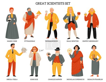 Illustration for Great scientists set with pythagoras mendeleev franklin newton edison darwin isolated on white background flat vector illustration - Royalty Free Image