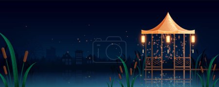 Illustration for Night time landscape wooden gazebo with lanterns on river or lake bank with dark forest and cityscape in background and flying fireflies flat vector illustration - Royalty Free Image