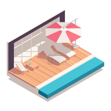 Téléchargez les illustrations : Rue café isométrique concept avec chaises longues sous unbrella près de la piscine illustration vectorielle - en licence libre de droit
