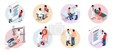 Illustration for Set of isometric isolated compositions with male and female patients during medical checkup at hospital 3d vector illustration - Royalty Free Image