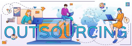 Illustration for Outsourcing text with big letters and small characters working in computer network flat horizontal vector illustration - Royalty Free Image