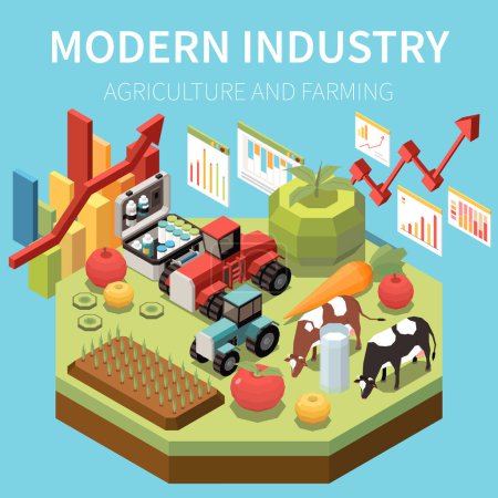 Ilustración de Industria moderna nuevas tecnologías en la agricultura y la agricultura 3d composición isométrica sobre fondo azul vector ilustración - Imagen libre de derechos