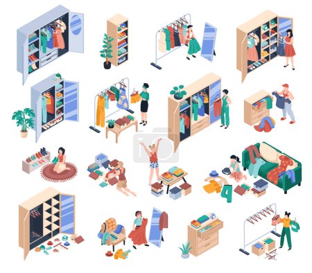 Illustration for Wardrobe organization isometric set of women tidying up their closet and sorting clothes isolated vector illustration - Royalty Free Image