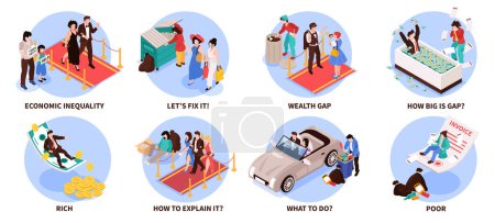 Illustration for Set of isolated circle compositions with isometric gap between rich and poor people icons text captions vector illustration - Royalty Free Image