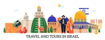 Illustration for Travel and tours to israel flat horizontal banner with people architectural sights and nature vector illustration - Royalty Free Image