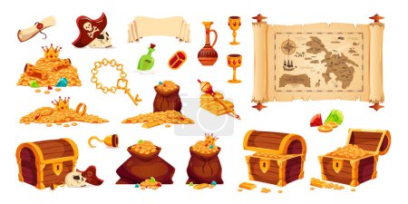 Illustration for Pirate treasures cartoon set of icons with chests gold jewels map human skull cups isolated vector illustration - Royalty Free Image