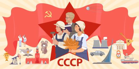 Ilustración de Composición plana de símbolos ussr con gente soviética pioneros del Kremlin llama eterna balalaika martillo y hoz vector ilustración - Imagen libre de derechos
