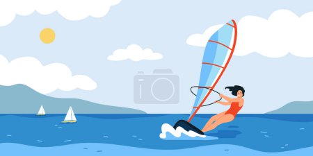 Téléchargez les illustrations : Concept de sport nautique plat avec illustration vectorielle de planche à voile femme heureuse - en licence libre de droit