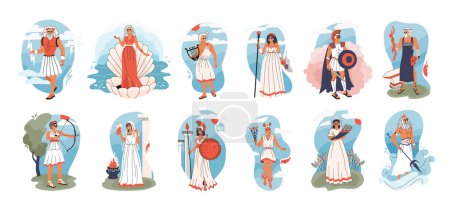 Ilustración de Conjunto de dioses olímpicos aislados composiciones planas con vistas de paisajes al aire libre y doodle personajes humanos vector ilustración - Imagen libre de derechos