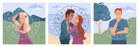 Illustration for Horoscope flat set with astrological zodiac signs and people isolated vector illustration - Royalty Free Image