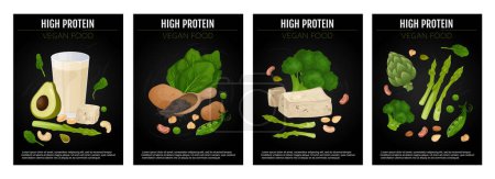 Téléchargez les illustrations : Ensemble avec quatre affiches isolées d'aliments protéinés végétaliens avec texte modifiable et compositions de repas végétariens illustration vectorielle - en licence libre de droit