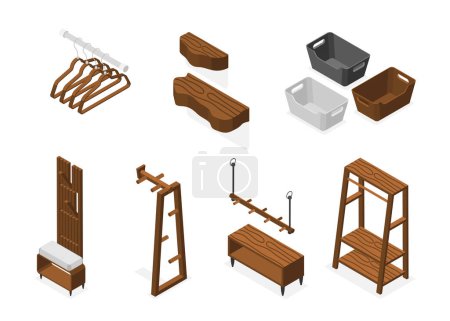 Ilustración de Composición isométrica de la sala de almacenamiento con iconos aislados de perchas y muebles de tienda de ropa en blanco vector de fondo ilustración - Imagen libre de derechos