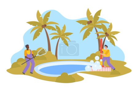 Ilustración de Composición plana de la piscina al aire libre con personal de limpieza haciendo ilustración vectorial de limpieza - Imagen libre de derechos