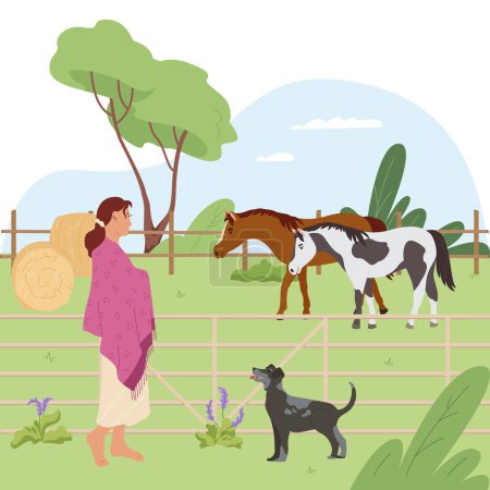 Ilustración de Campo y pueblo de fondo con la granja y el ganado símbolos plana vector ilustración - Imagen libre de derechos
