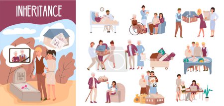 Illustration for Flat composition set with people coming into inheritance and elderly people writing will isolated vector illustration - Royalty Free Image