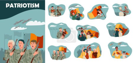 Illustration for Patriots flat composition set with soldiers and civilians loving and supporting their country isolated vector illustration - Royalty Free Image